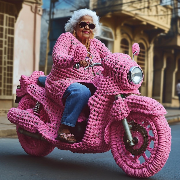 Photo 3d photo of an old lady riding a pink scooter with a pink sweater on it