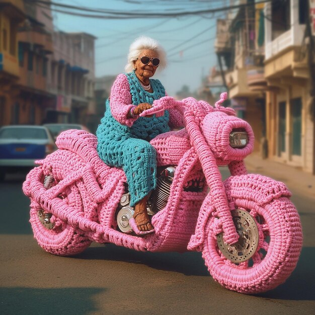 Photo 3d photo of an old lady riding a pink scooter with a pink sweater on it