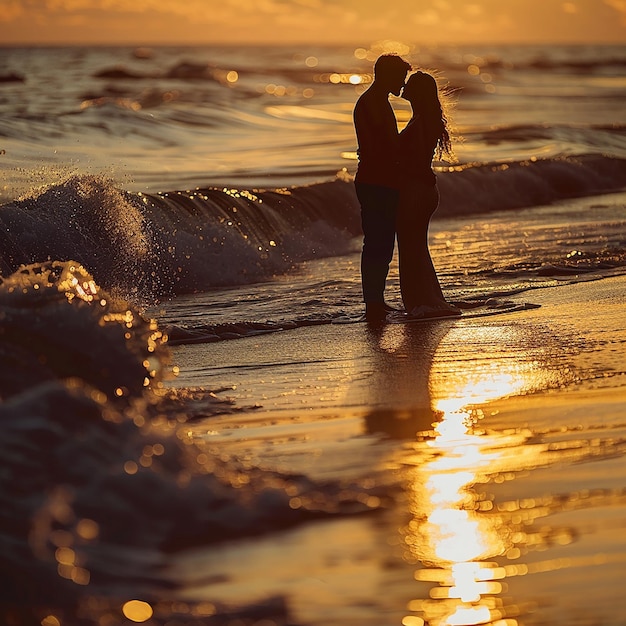 Photo 3d photo of a painting of a couple in the water with the sun setting behind them