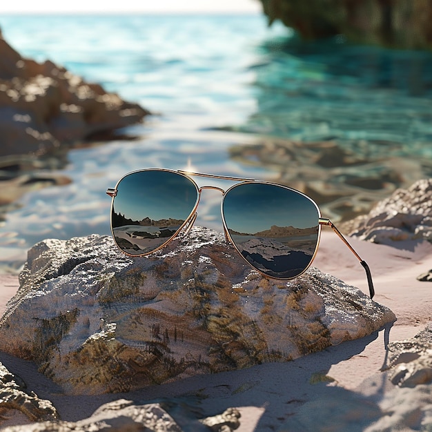 Photo 3d photo of a pair of sunglasses are on a beach with a beach in the background