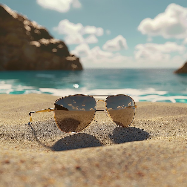 Photo 3d photo of a pair of sunglasses are on a beach with a beach in the background