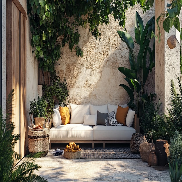 3d photo of a patio with a wicker chair and a palm tree