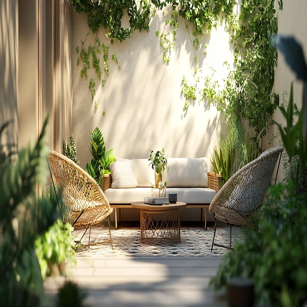 Photo 3d photo of a patio with a wicker chair and a palm tree