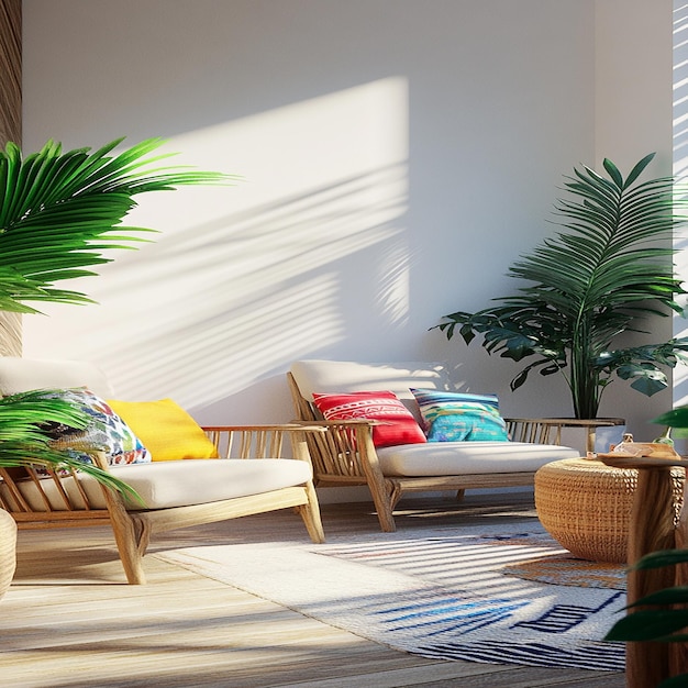 3d photo of a patio with a wicker chair and a palm tree