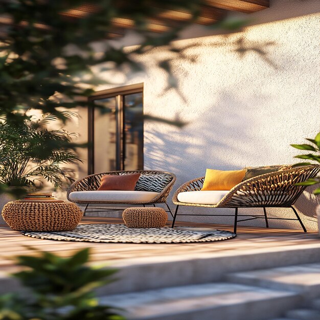 Photo 3d photo of a patio with a wicker chair and a palm tree