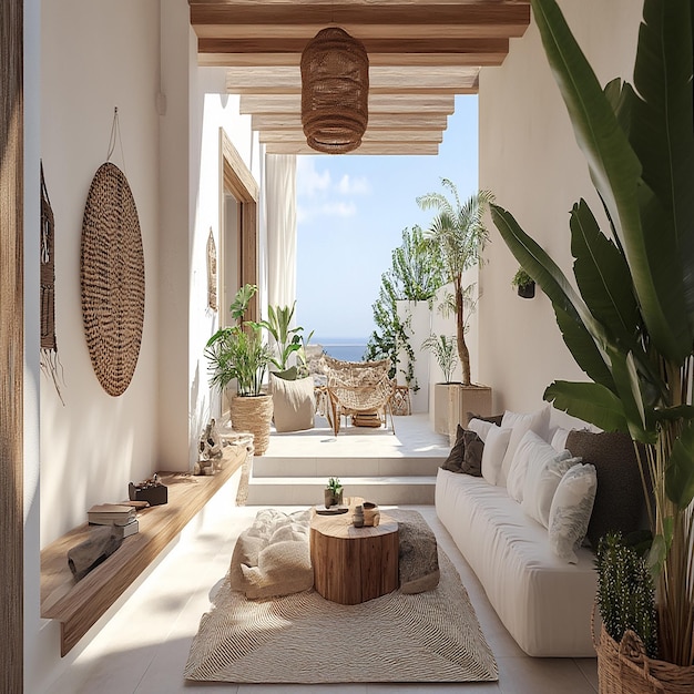 3d photo of a patio with a wicker chair and a palm tree