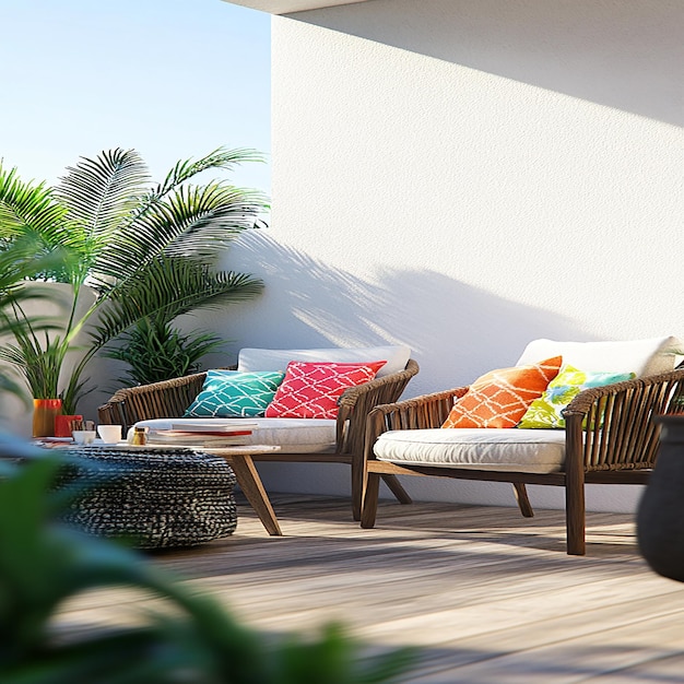 3d photo of a patio with a wicker chair and a palm tree