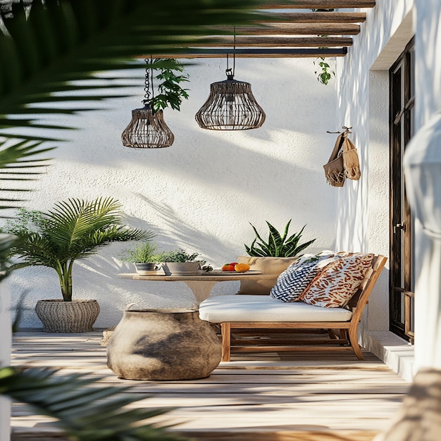 3d photo of a patio with a wicker chair and a palm tree