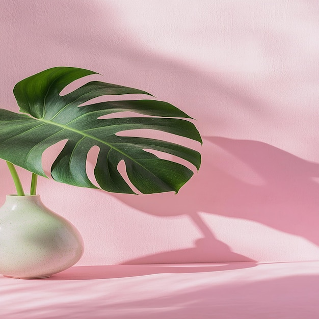 3d photo of a pink vase with a plant in it and a pink vase with a palm leaf on it