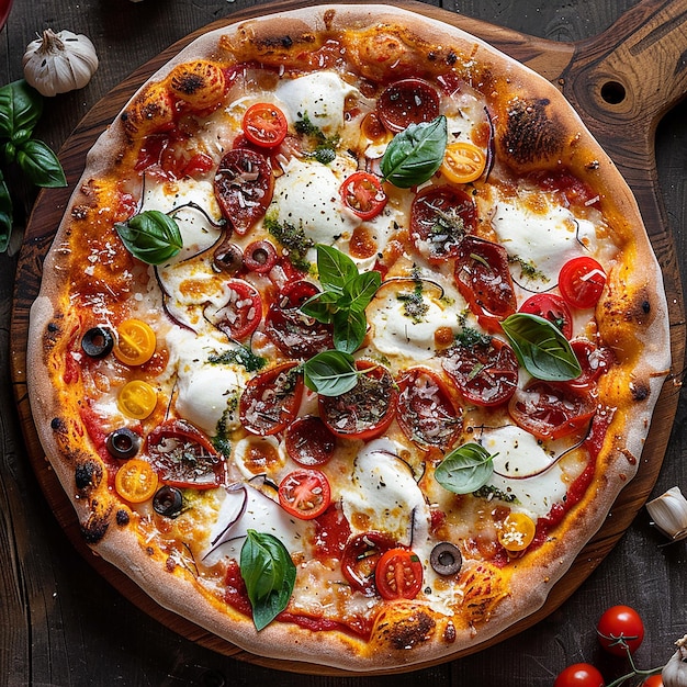 Photo 3d photo of a pizza with mushrooms mushrooms and tomatoes on a wooden board