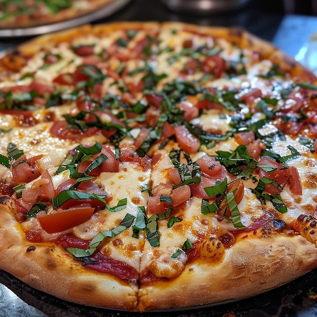 3d photo of a pizza with mushrooms mushrooms and tomatoes on a wooden board