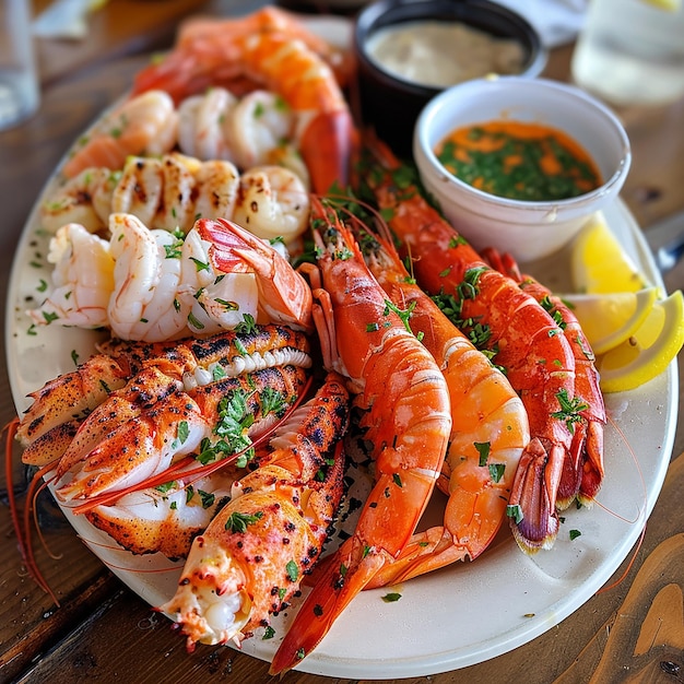 3d photo of a plate of lobsters with lemon and lemon wedges on a wooden table