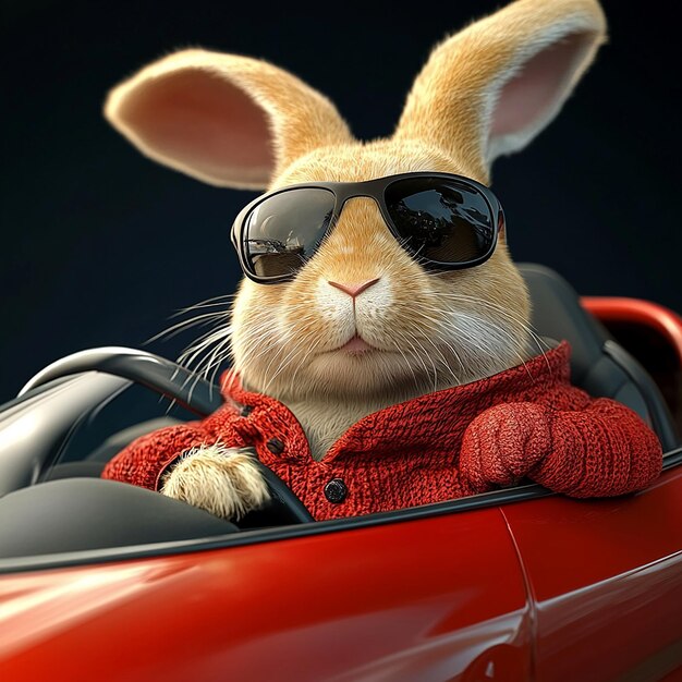 Photo 3d photo of a rabbit is riding in a red toy car with a rabbit on the front