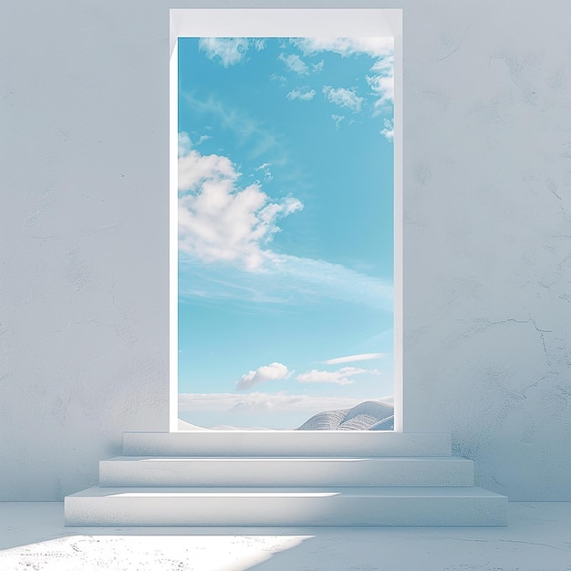 Photo 3d photo of a room with a sky and clouds and a window