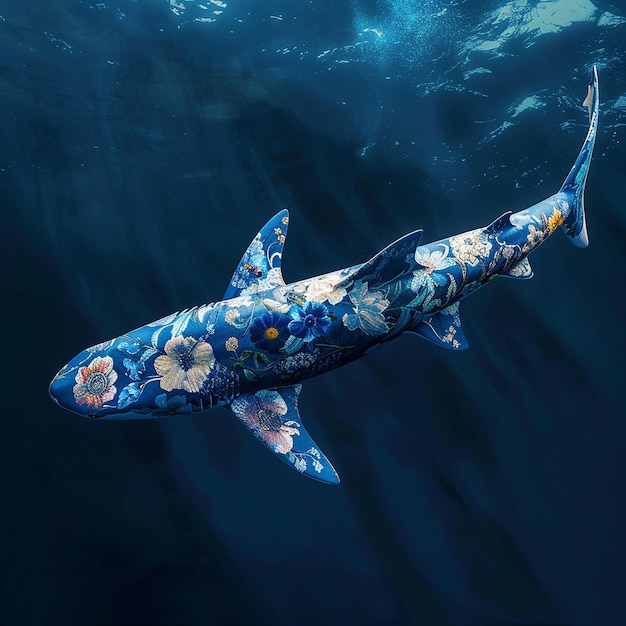 3d photo of a shark with flowers on its head is floating in the water