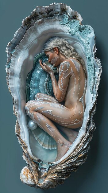 3D photo of soft pastel painting of an oyster with pearl with a woman laying inside the shell on he