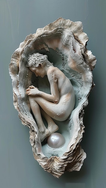 3D photo of soft pastel painting of an oyster with pearl with a woman laying inside the shell on he