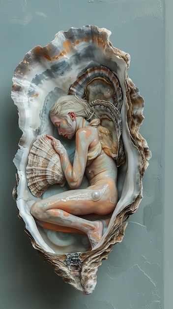 3D photo of soft pastel painting of an oyster with pearl with a woman laying inside the shell on he