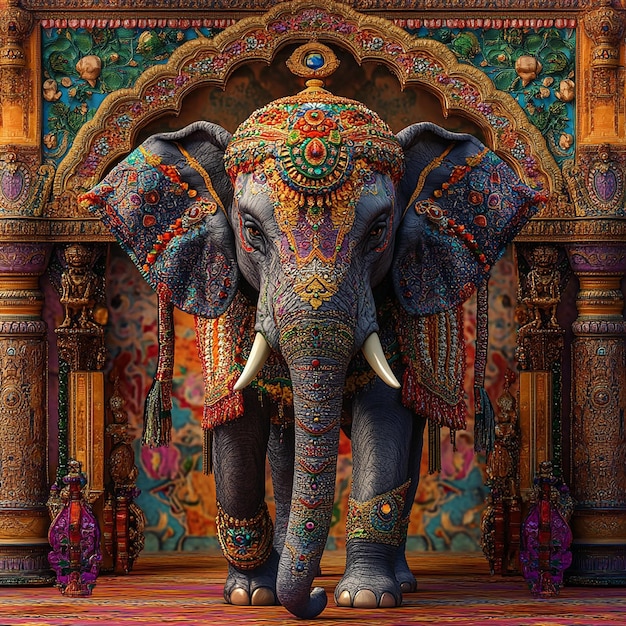 3d photo of a statue of an elephant with a colorful cover on it