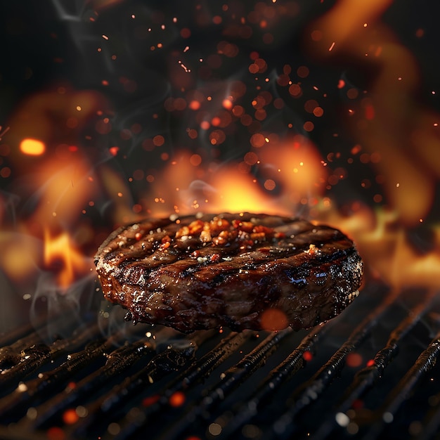 Photo 3d photo of a steak on a grill with a fire behind it