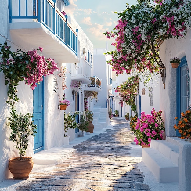 3d photo of a street scene with flowers and a blue door