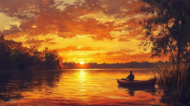 3d photo of a sunset with a man fishing in a boat