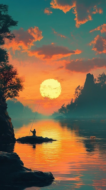 3d photo of a sunset with a man fishing in a boat