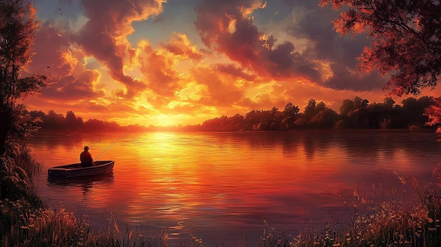 3d photo of a sunset with a man fishing in a boat