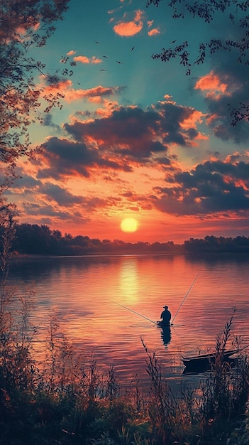 3d photo of a sunset with a man fishing in a boat