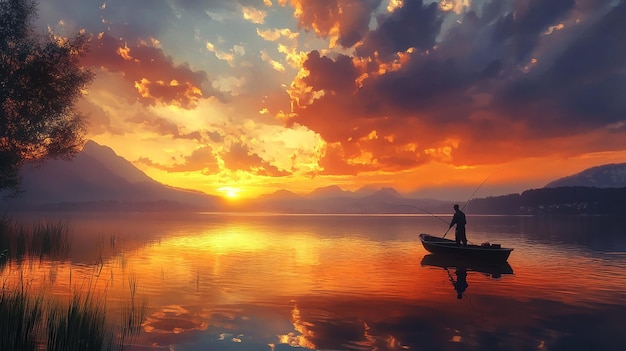 3d photo of a sunset with a man fishing in a boat