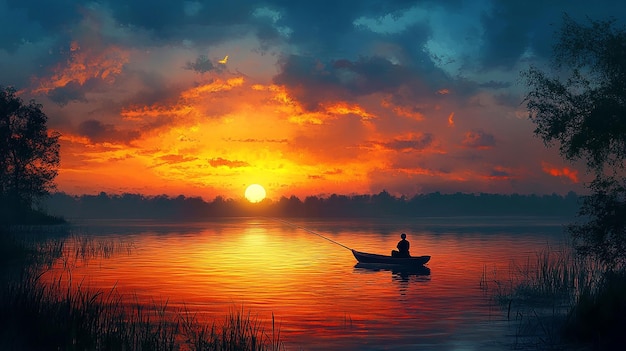 3d photo of a sunset with a man fishing in a boat