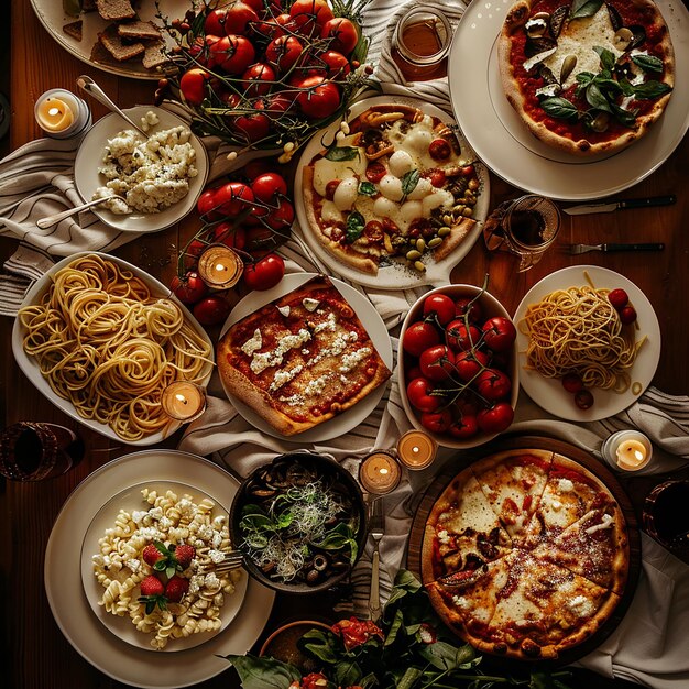 Photo 3d photo of a table full of food including a pizza and a candle