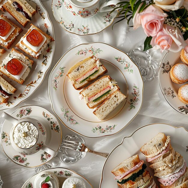 Photo 3d photo of a table with a tablecloth with a variety of desserts on it