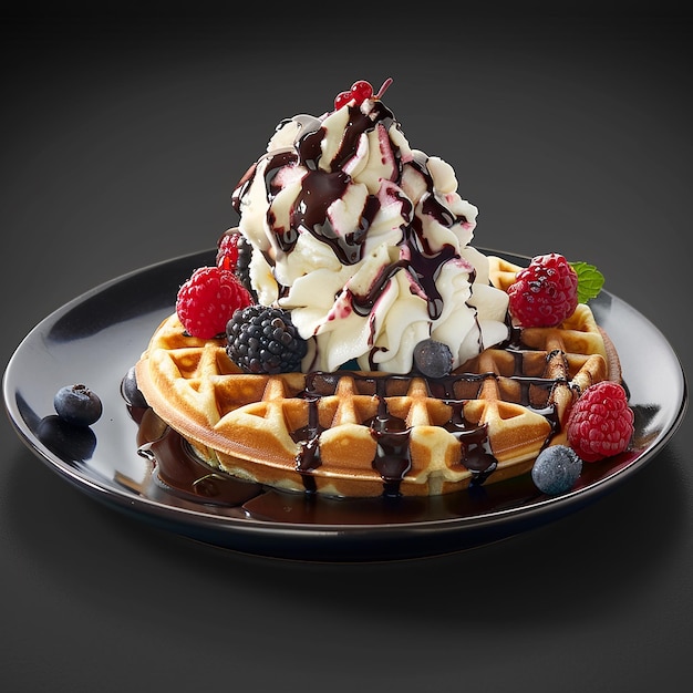 3d photo of a waffle with berries and syrup on it