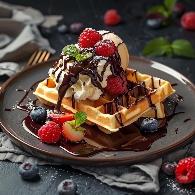 3d photo of a waffle with berries and syrup on it