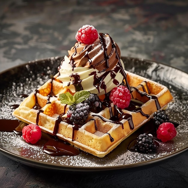 3d photo of a waffle with berries and syrup on it