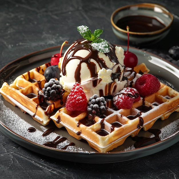 3d photo of a waffle with berries and syrup on it