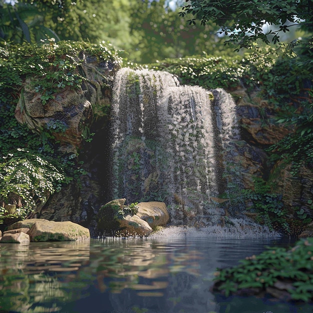 3d photo of a waterfall with water lilies and a waterfall in the background