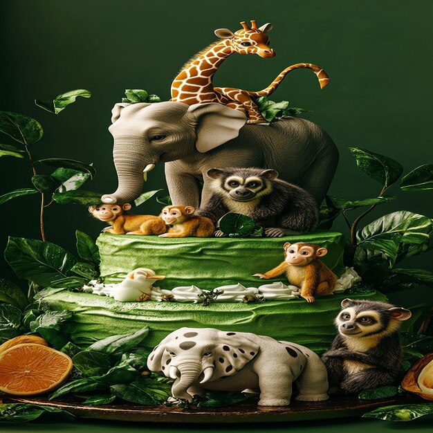 Photo 3d photo of wild cake green animals elephant tiger jiraffe monkey