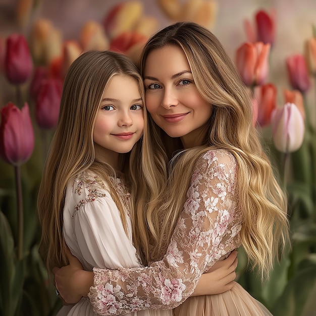 Photo 3d photo of a woman and a girl pose in front of a painting of tulips