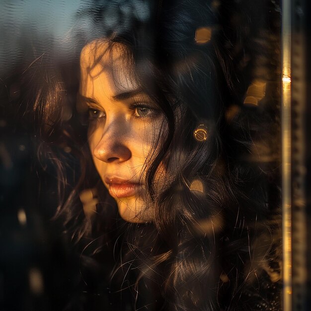 3d photo of a woman looking out a window with a reflection of her face