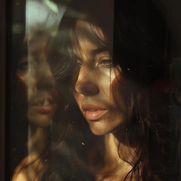 3d photo of a woman looking out a window with a reflection of her face