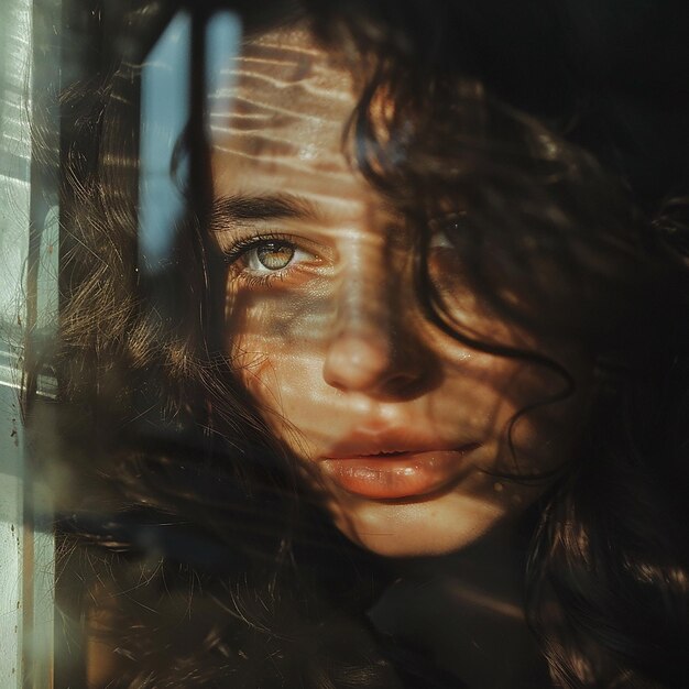 3d photo of a woman looking out a window with a reflection of her face