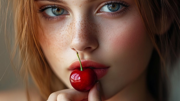 3d photo of a woman with a cherry in her mouth is eating a cherry