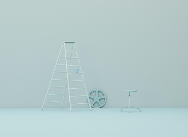 3d photography studio with folding ladder chair Photo studio pastel blue blank backdrop 3d render