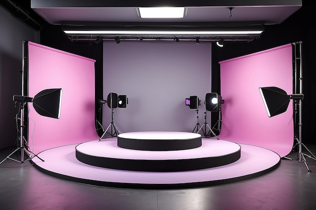 Photo 3d photography studio with podium lighting equipment photo studio silver pink and purple