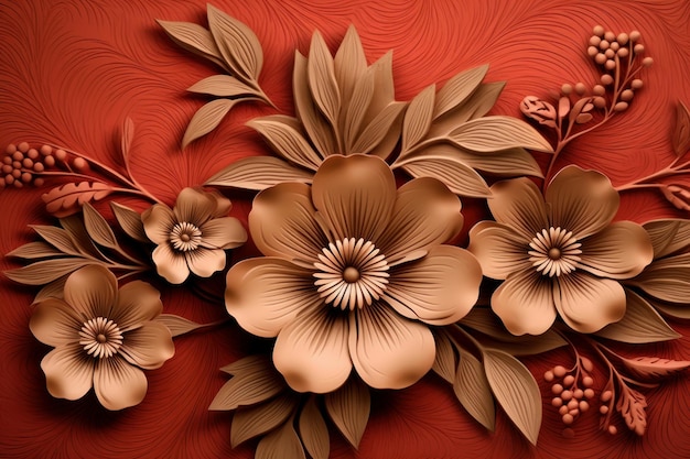 3d picture of red flowers on brown background Beautiful illustration picture Generative AI