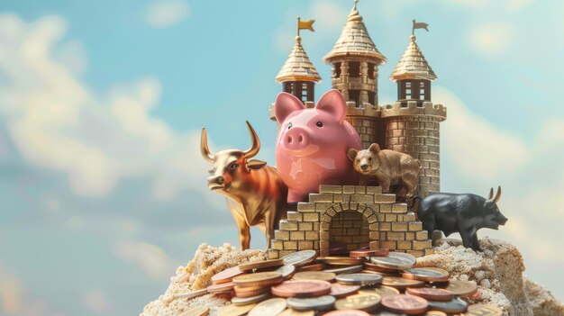 A 3D piggy bank fortress standing on a hill of coins guarded by miniature bull and bear statues