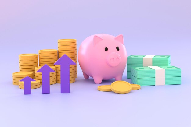 3D. Piggy bank, stacks of coins, banknotes. concept business investment.