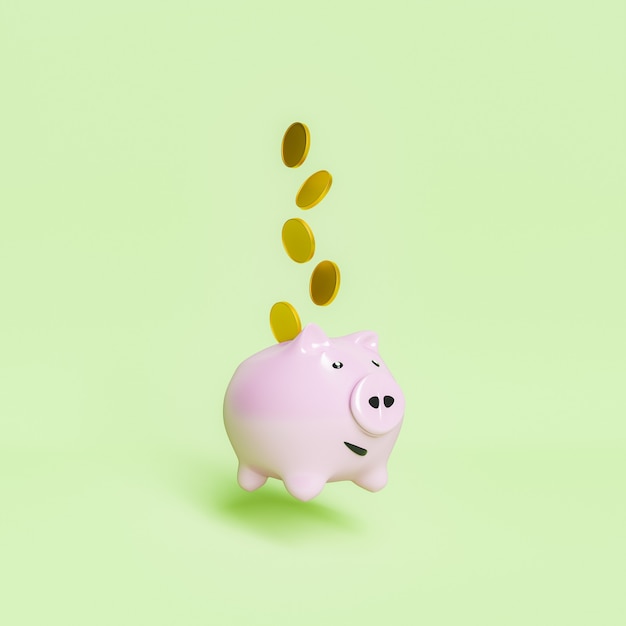 3d piggy bank with coins falling on it